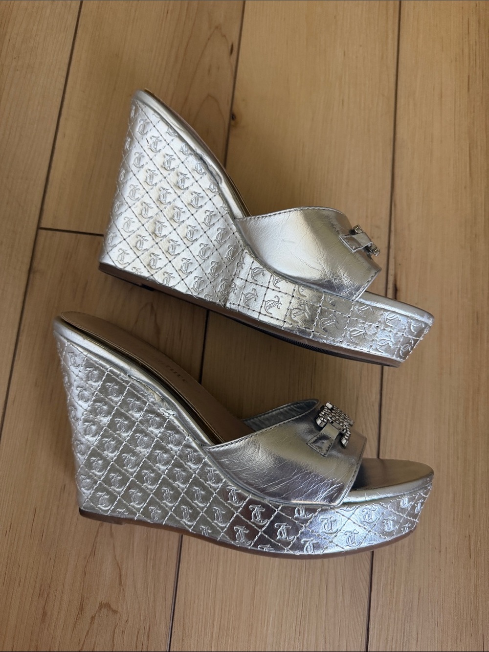 Y2K Juicy Couture Silver Monogram Bling Wedge Platform Sandals